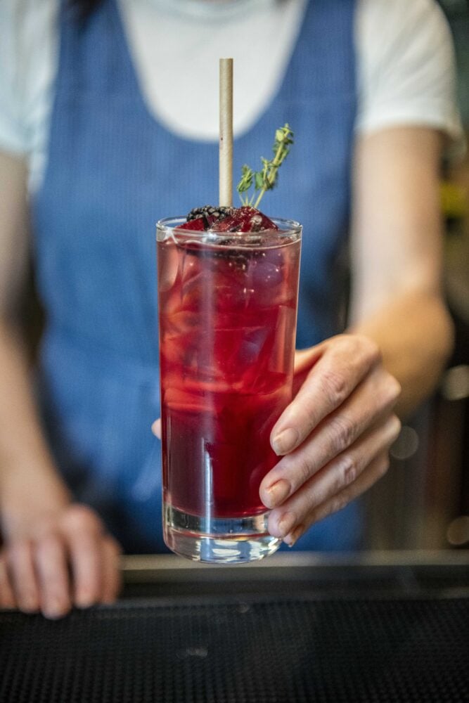 Cocktail made with a blackberry shrub.