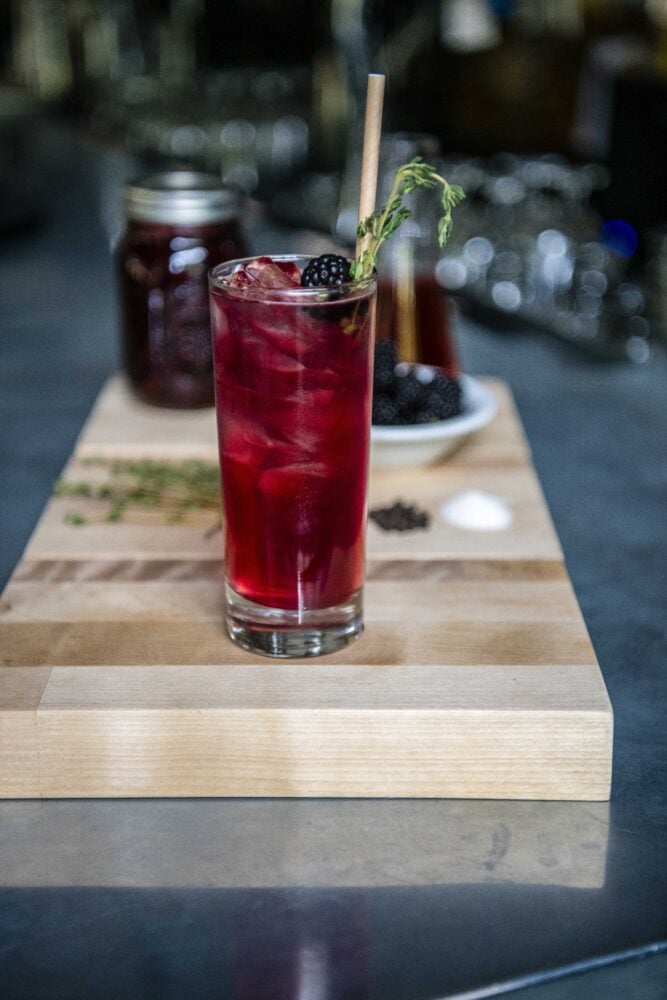 Mocktail made with a blackberry shrub.