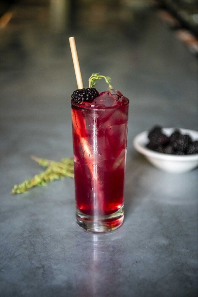 Moctail made with a blackberry shrub and soda.