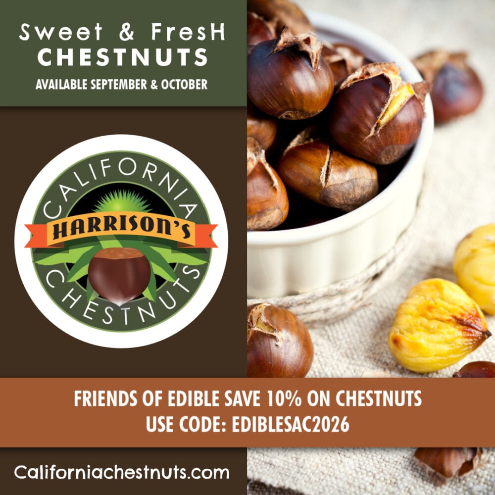 Image of roasted chestnuts with Harrison's California Chestnut's Logo