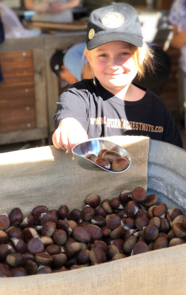 Child selling California chestnuts from a bulk bin